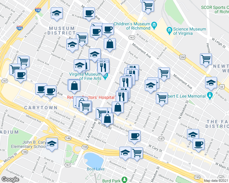 map of restaurants, bars, coffee shops, grocery stores, and more near 219 North Arthur Ashe Boulevard in Richmond