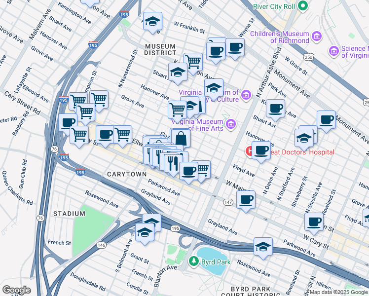 map of restaurants, bars, coffee shops, grocery stores, and more near 3116 Floyd Avenue in Richmond