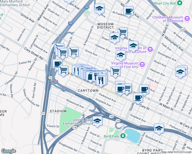 map of restaurants, bars, coffee shops, grocery stores, and more near 3210 Ellwood Avenue in Richmond