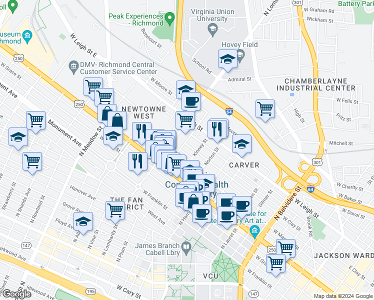 map of restaurants, bars, coffee shops, grocery stores, and more near 1417 West Clay Street in Richmond