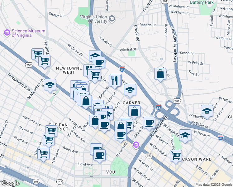 map of restaurants, bars, coffee shops, grocery stores, and more near 1303 West Leigh Street in Richmond
