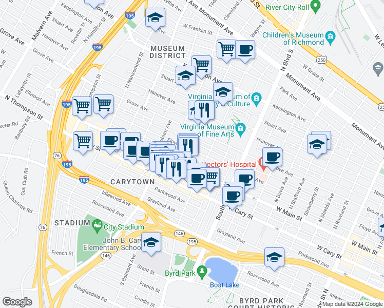 map of restaurants, bars, coffee shops, grocery stores, and more near 3116 Floyd Avenue in Richmond