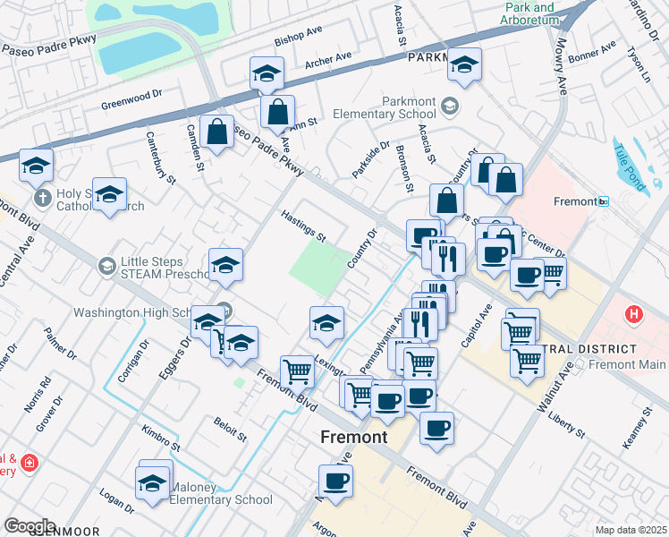 map of restaurants, bars, coffee shops, grocery stores, and more near 3355 Country Drive in Fremont