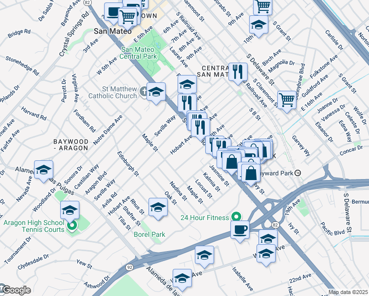 map of restaurants, bars, coffee shops, grocery stores, and more near 43 Hobart Avenue in San Mateo