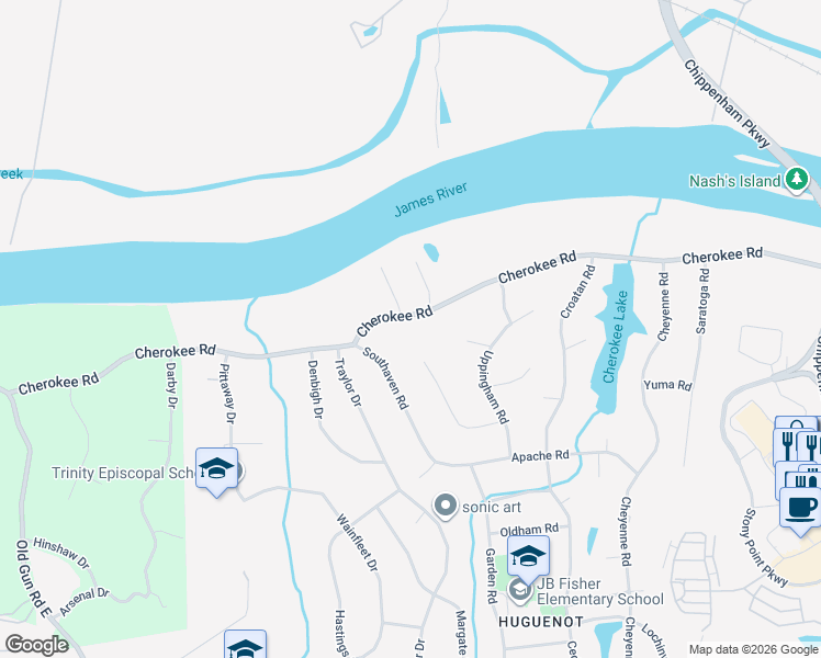map of restaurants, bars, coffee shops, grocery stores, and more near 10449 Cherokee Road in Richmond