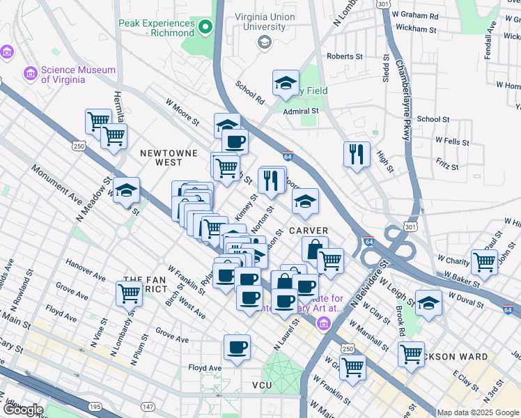 map of restaurants, bars, coffee shops, grocery stores, and more near 1303 West Leigh Street in Richmond