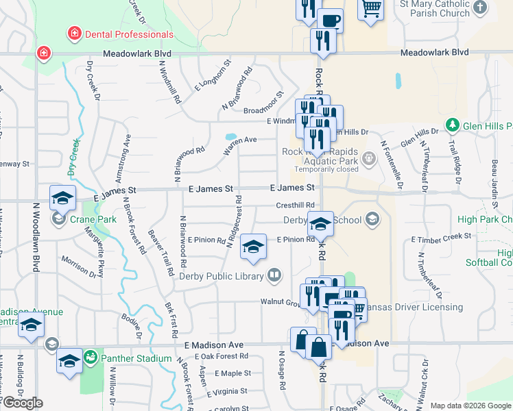 map of restaurants, bars, coffee shops, grocery stores, and more near 1574 East Cresthill in Derby