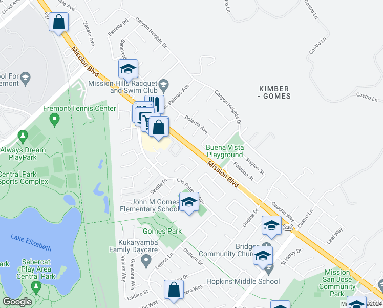 map of restaurants, bars, coffee shops, grocery stores, and more near 240 Carmelita Place in Fremont