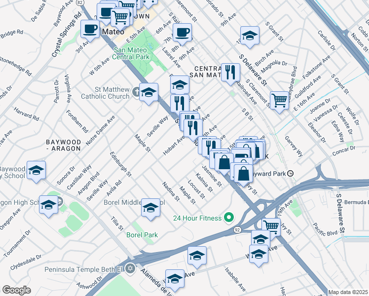 map of restaurants, bars, coffee shops, grocery stores, and more near 20 Madison Avenue in Redwood City