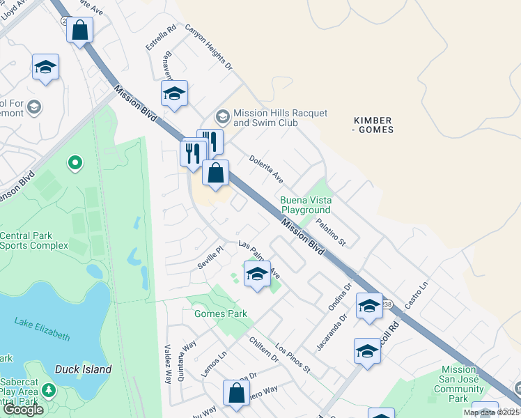 map of restaurants, bars, coffee shops, grocery stores, and more near 240 Carmelita Place in Fremont