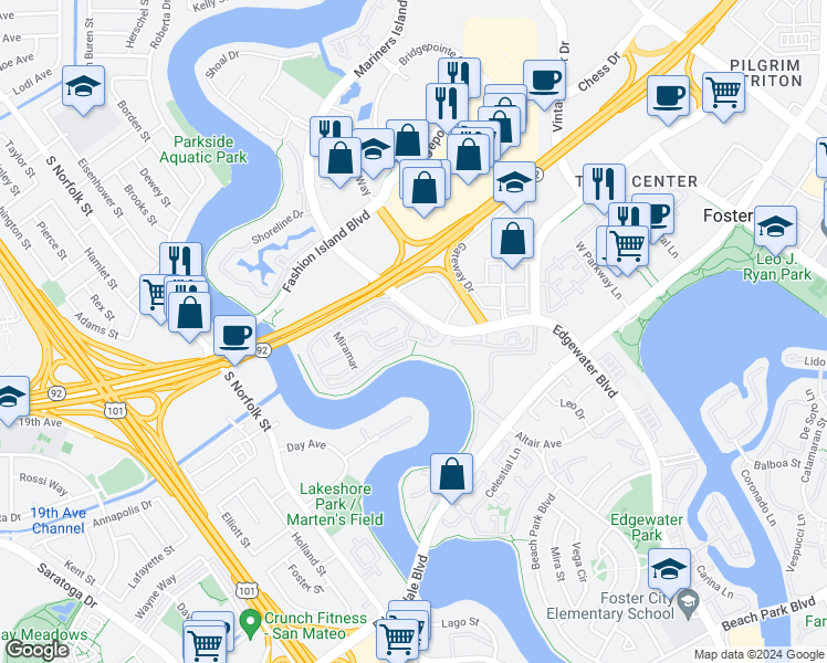 map of restaurants, bars, coffee shops, grocery stores, and more near 1781 Vista Del Sol in San Mateo