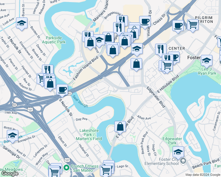 map of restaurants, bars, coffee shops, grocery stores, and more near 1781 Vista Del Sol in San Mateo