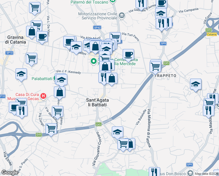 map of restaurants, bars, coffee shops, grocery stores, and more near 44 Via Giovanni Verga in Sant'Agata li Battiati