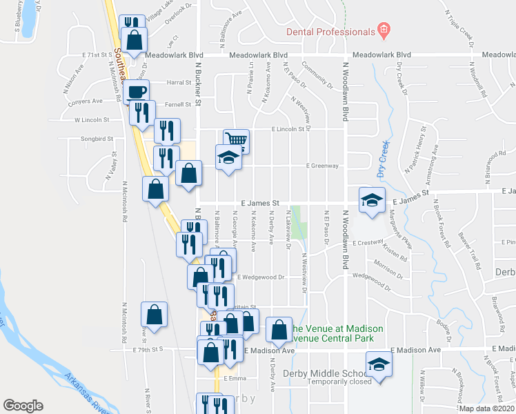 map of restaurants, bars, coffee shops, grocery stores, and more near 1058 North Kokomo Avenue in Derby