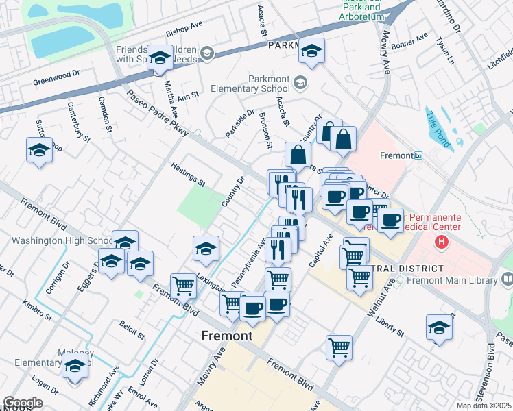 map of restaurants, bars, coffee shops, grocery stores, and more near 38680 Hastings Street in Fremont