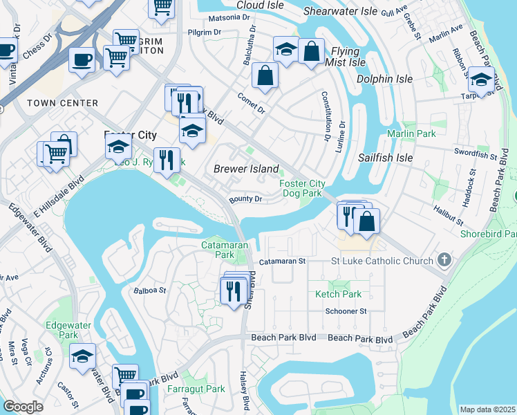 map of restaurants, bars, coffee shops, grocery stores, and more near 707 Bounty Drive in Foster City