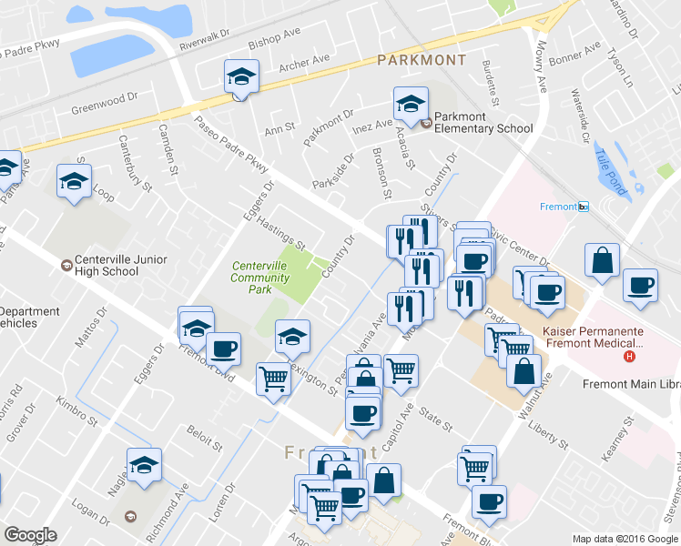 map of restaurants, bars, coffee shops, grocery stores, and more near 38620 Country Terrace in Fremont