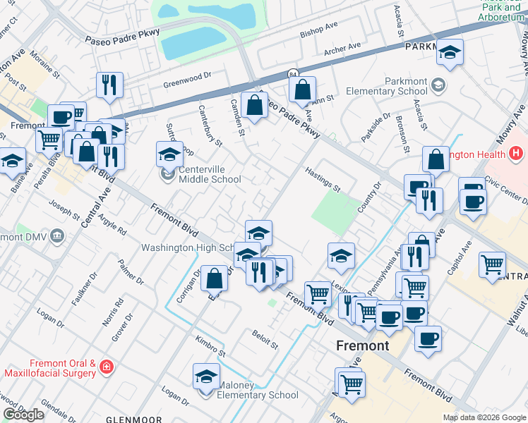 map of restaurants, bars, coffee shops, grocery stores, and more near 3601 Eggers Drive in Fremont