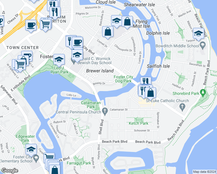 map of restaurants, bars, coffee shops, grocery stores, and more near 708 Bounty Drive in Foster City
