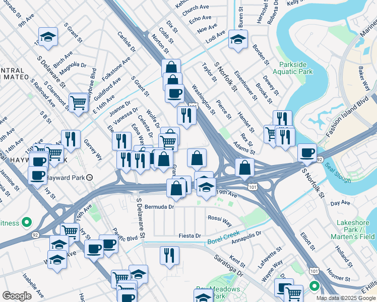 map of restaurants, bars, coffee shops, grocery stores, and more near 701-999 Concar Dr in San Mateo