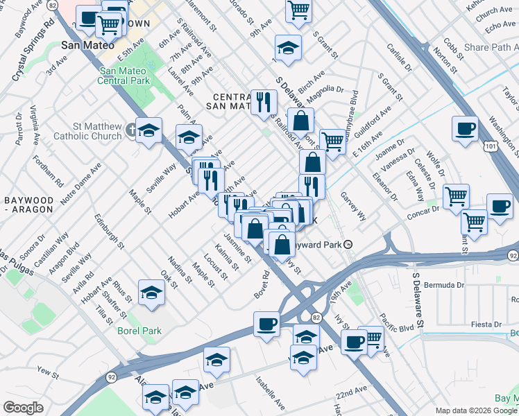 map of restaurants, bars, coffee shops, grocery stores, and more near 1415 Palm Avenue in San Mateo