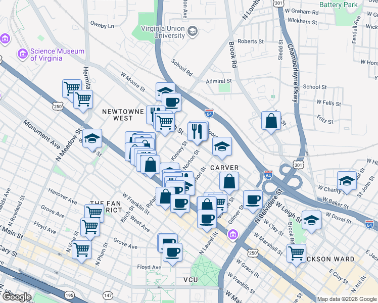 map of restaurants, bars, coffee shops, grocery stores, and more near 1303 West Leigh Street in Richmond