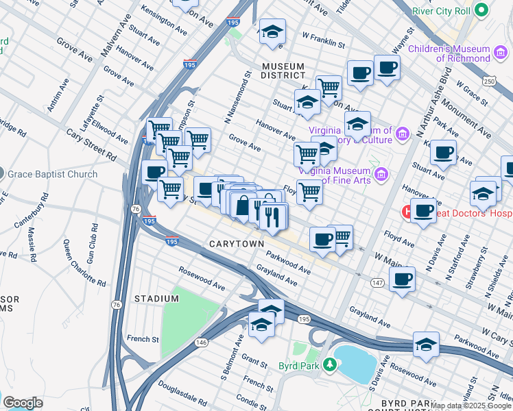 map of restaurants, bars, coffee shops, grocery stores, and more near 3210 Ellwood Avenue in Richmond