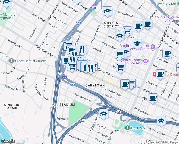 map of restaurants, bars, coffee shops, grocery stores, and more near 3410 West Cary Street in Richmond