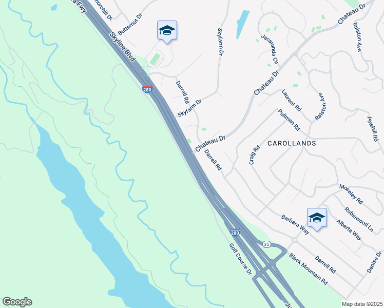 map of restaurants, bars, coffee shops, grocery stores, and more near Skyline Blvd & Chateau Dr in Hillsborough