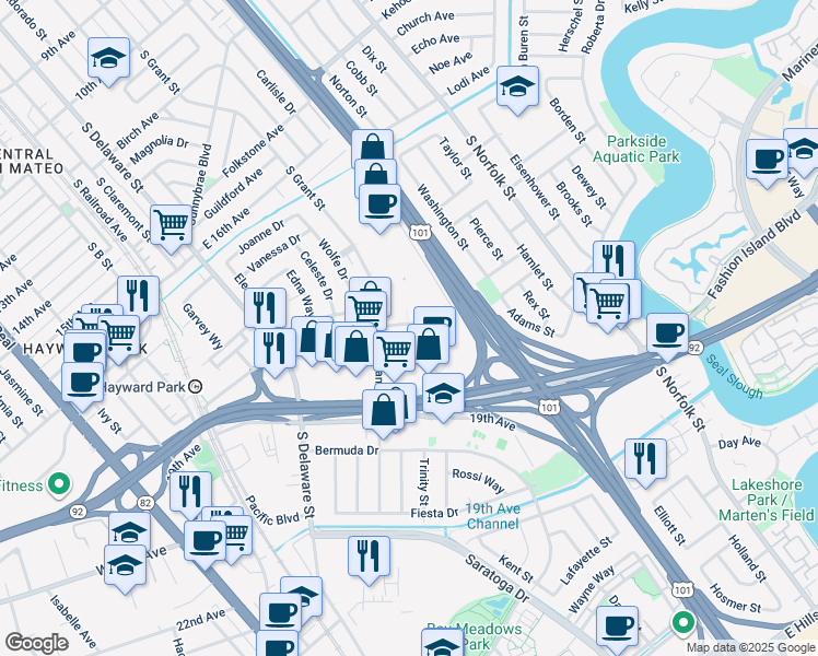 map of restaurants, bars, coffee shops, grocery stores, and more near 700 Concar Drive in San Mateo