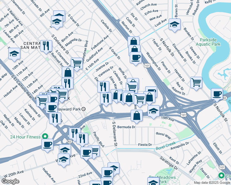 map of restaurants, bars, coffee shops, grocery stores, and more near 636 Connie Avenue in San Mateo