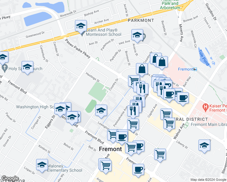 map of restaurants, bars, coffee shops, grocery stores, and more near 38623 Hastings Street in Fremont