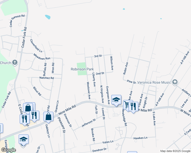 map of restaurants, bars, coffee shops, grocery stores, and more near 131 Liberty Avenue in Richmond