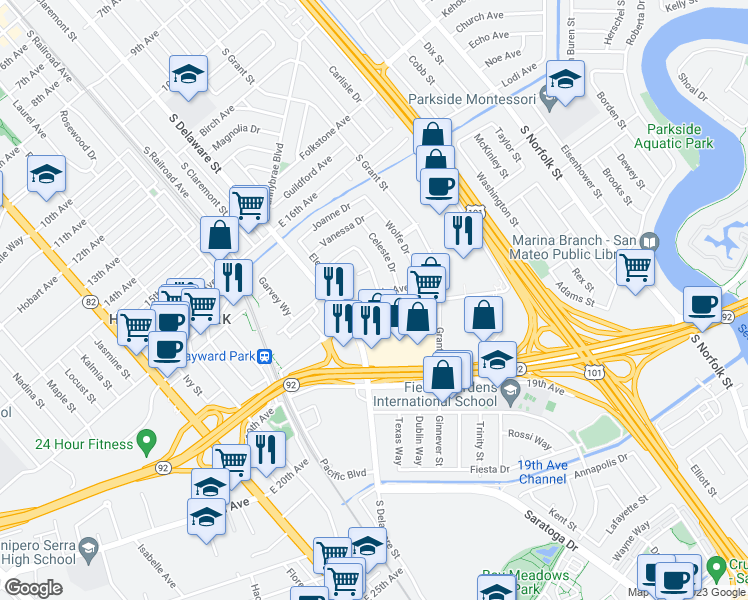 map of restaurants, bars, coffee shops, grocery stores, and more near 636 Connie Avenue in San Mateo