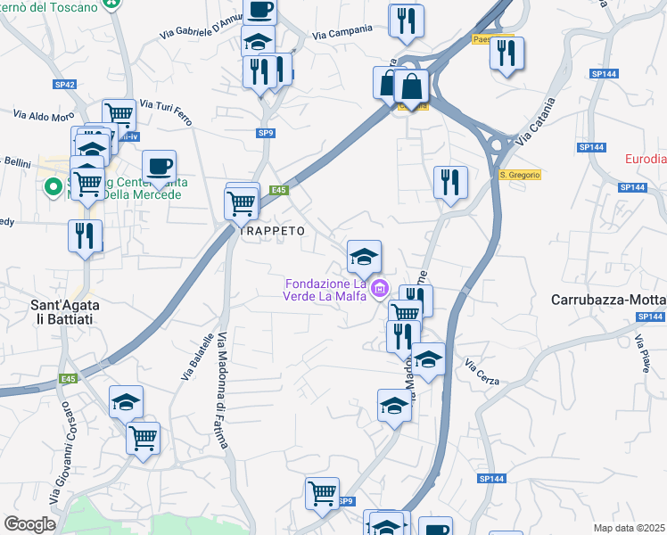 map of restaurants, bars, coffee shops, grocery stores, and more near 30 Via Lipari in San Giovanni La Punta