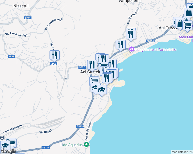 map of restaurants, bars, coffee shops, grocery stores, and more near 65 Via Dietro le Mura in Aci Castello