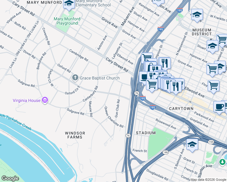 map of restaurants, bars, coffee shops, grocery stores, and more near 102 Gun Club Road in Richmond