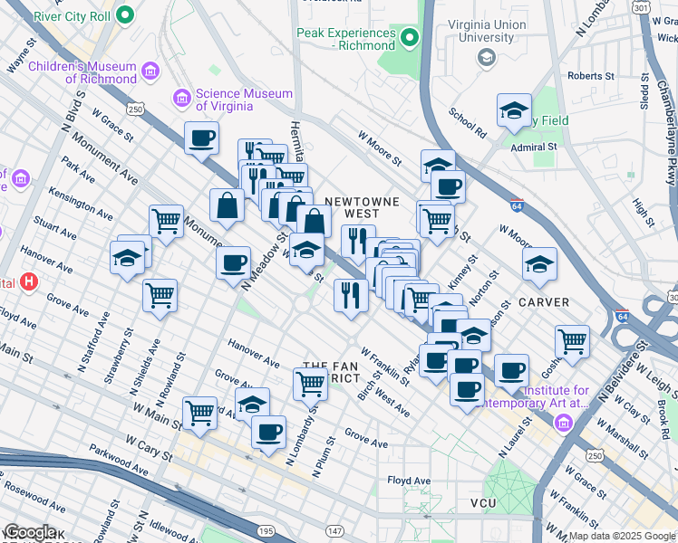 map of restaurants, bars, coffee shops, grocery stores, and more near 1657 West Broad Street in Richmond