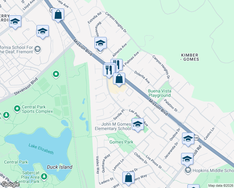 map of restaurants, bars, coffee shops, grocery stores, and more near 40061 Mission Boulevard in Fremont