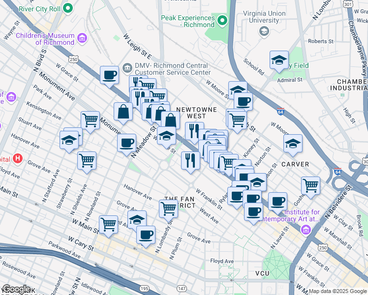 map of restaurants, bars, coffee shops, grocery stores, and more near 1657 West Broad Street in Richmond