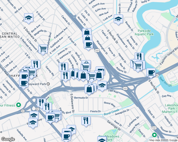 map of restaurants, bars, coffee shops, grocery stores, and more near 700 Concar Drive in San Mateo