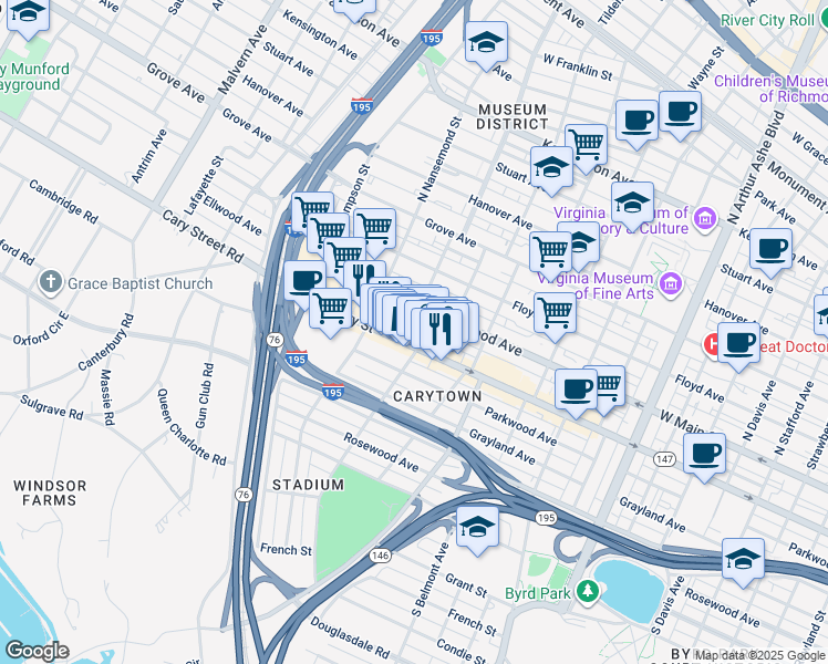 map of restaurants, bars, coffee shops, grocery stores, and more near 3313 Ellwood Avenue in Richmond