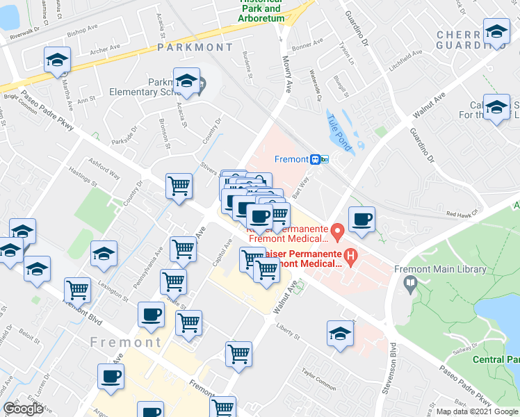 map of restaurants, bars, coffee shops, grocery stores, and more near 2500 Mowry Avenue in Fremont
