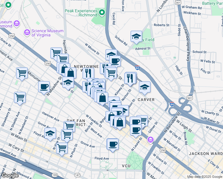 map of restaurants, bars, coffee shops, grocery stores, and more near 1421 West Clay Street in Richmond