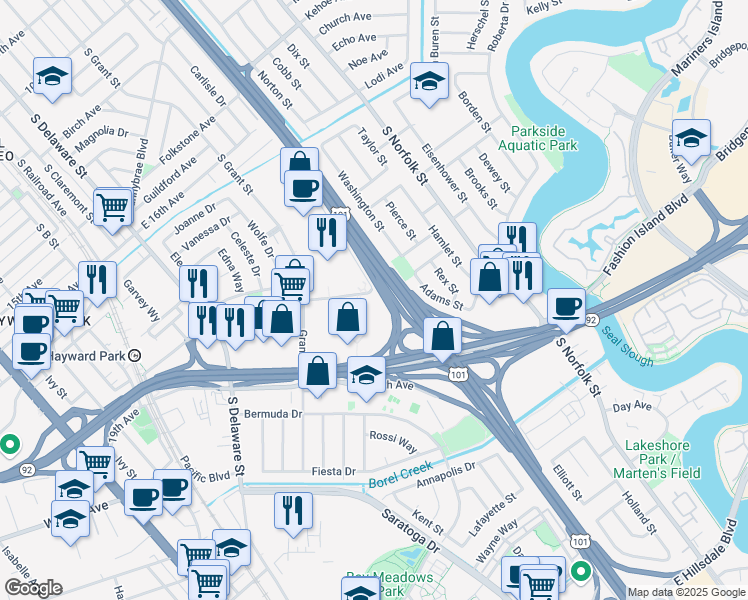 map of restaurants, bars, coffee shops, grocery stores, and more near in San Mateo