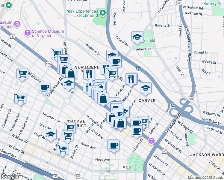 map of restaurants, bars, coffee shops, grocery stores, and more near 1421 West Clay Street in Richmond