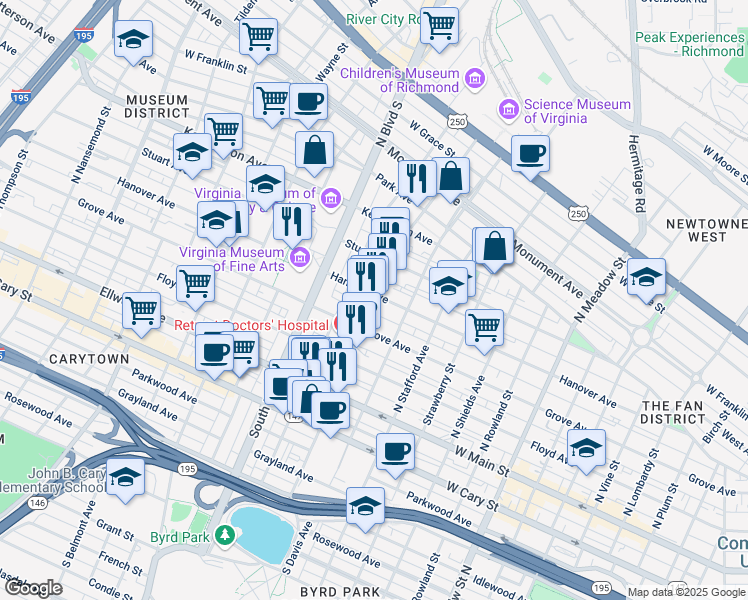 map of restaurants, bars, coffee shops, grocery stores, and more near 2601 Hanover Avenue in Richmond