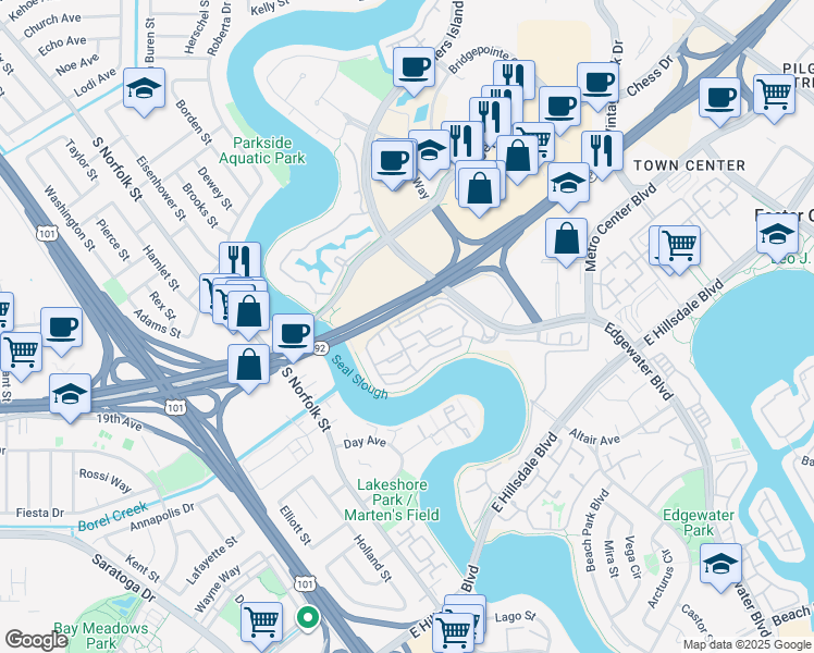 map of restaurants, bars, coffee shops, grocery stores, and more near 1620 Vista Del Sol in San Mateo