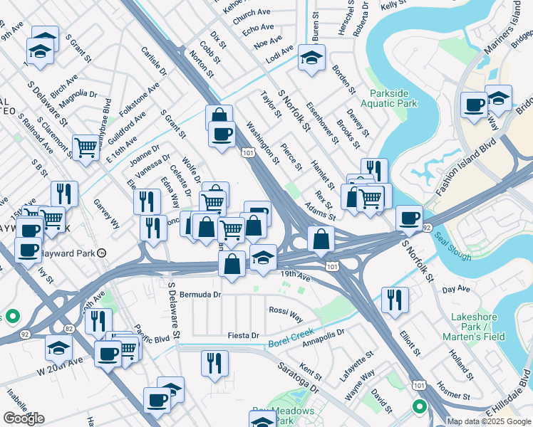 map of restaurants, bars, coffee shops, grocery stores, and more near in San Mateo