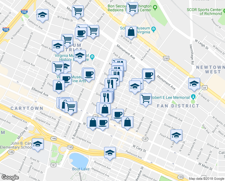 map of restaurants, bars, coffee shops, grocery stores, and more near 2614 Hanover Avenue in Richmond